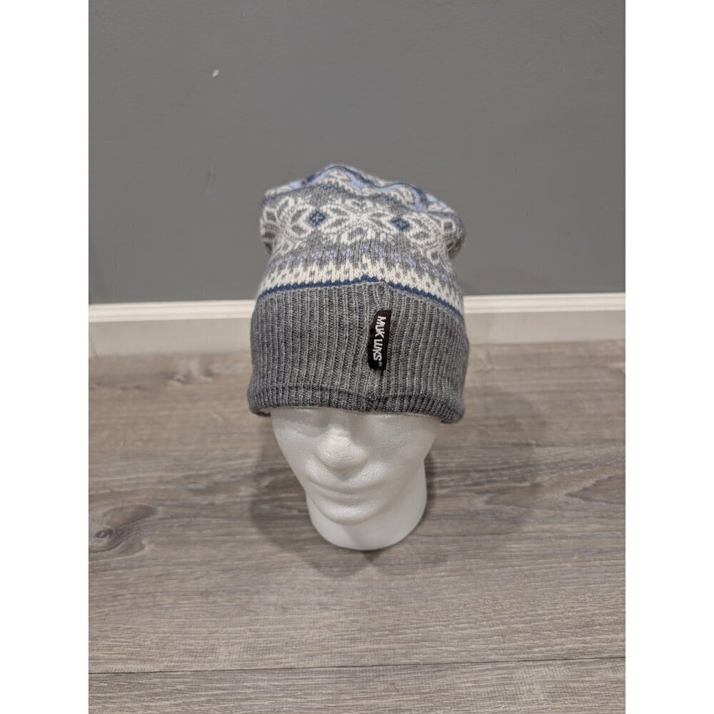 Muk Luks Knit Snowflake Winter Beanie Hat Gray White Fleece Lined One Size